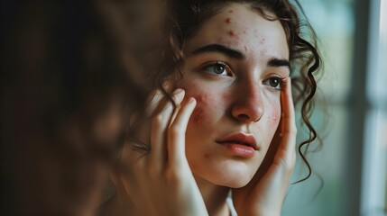 Young Woman Looking At Herself In Mirror Suffering From Acne Breakout.  (Generative AI). - obrazy, fototapety, plakaty