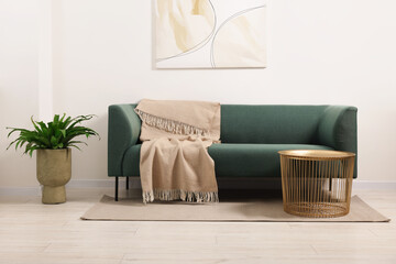 Stylish living room interior with comfortable sofa, blanket, houseplant and side table
