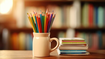 Fototapeta premium Closeup of a stack of books and a mug filled with pencils and pens on a desk in a tiny house study.
