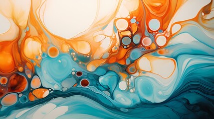 Luminescent streams of tangerine and turquoise liquid intertwining, capturing the beauty of fluid dynamics in a mesmerizing 3D abstract image with vibrant splashes.