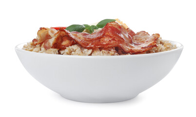 Tasty boiled oatmeal with bacon isolated on white
