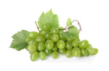 Fresh ripe grapes and leaves isolated on white