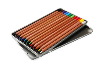 Box with many colorful pastel pencils isolated on white. Drawing supplies