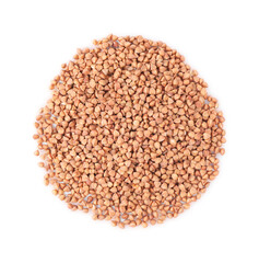 Many dry buckwheat grains isolated on white, top view
