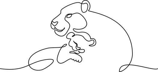 Continuous one line drawing. Young lioness with lion cub