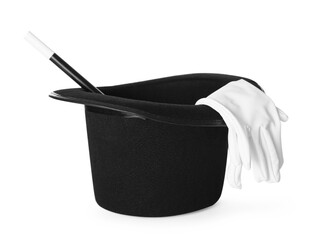 Black top hat, gloves and wand isolated on white. Magician equipment