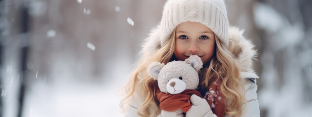 Young Girl Holding a Teddy Bear in a Snowy Winter Wonderland