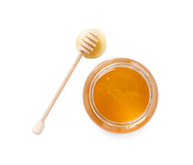Tasty honey in glass jar and dipper isolated on white, top view