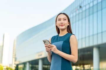 Fototapeta premium Asian Businesswoman Using Smartphone In Front a Modern Office Building in Central Business District
