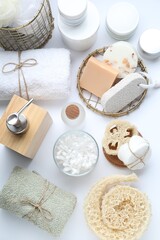Bath accessories. Flat lay composition with personal care products on white background
