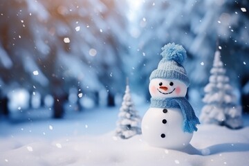 Naklejka na ściany i meble Charming Handmade Snowman Dressed in a Hat and Scarf Enjoying a Snowy Winter Day