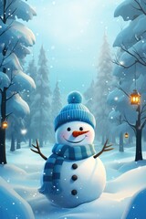 Fototapeta premium Charming Handmade Snowman Dressed in a Hat and Scarf Enjoying a Snowy Winter Day