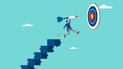management or strategy to achieve target, the way to achieve goal, Business goals as profit target achievement process, businessman jumps from puzzle ladder to hit arrow into target board illustration