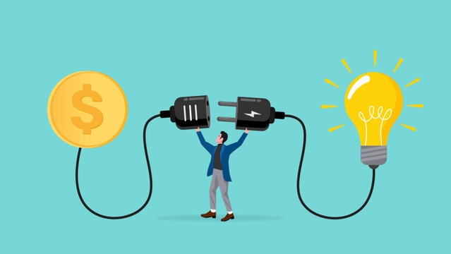 exchanging knowledge or science for money for a business or start up project, new business idea to get money, businessman connect plug with light bulb idea to money concept vector illustration