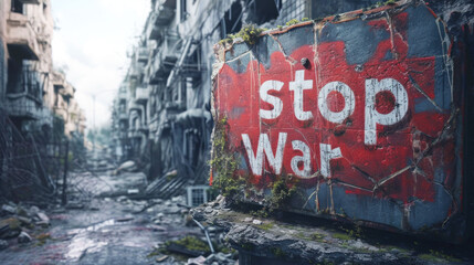 A 'Stop War' sign is defiantly splashed across a battered wall in a ravaged street, an echo of resistance and the desire for peace.