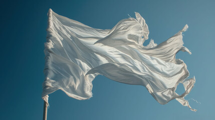  A white flag flutters against a clear blue sky, symbolizing the universal desire for peace and the cessation of hostilities. - obrazy, fototapety, plakaty
