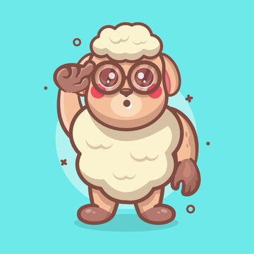 nerd sheep animal character mascot with think gesture isolated cartoon in flat style design