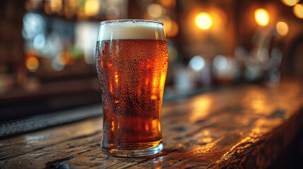 Cold beer in a glass, close up in a dark pub with a sunset light on it. Beer banner. - obrazy, fototapety, plakaty