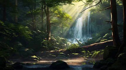  Sunlight filtering through dense trees, illuminating a cascading waterfall in a tranquil forest setting. © baseer
