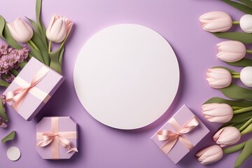 Obraz na płótnie Canvas Mother's Day love concept. Top view flat lay of pink present boxes with ribbon, tulip flowers on a soft pastel purple background with empty circle for, Generative AI 