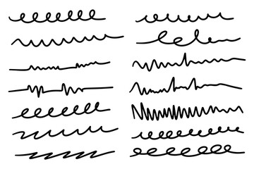 Collection hand drawn horizontal wavy lines. Set of vector random under line freehand isolated white background. 