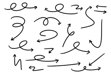 Collection hand drawn arrows. Set of vector curved arrows isolated white background. 