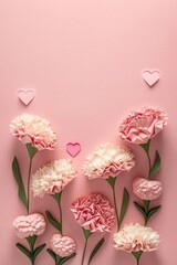 Mother's day concept. Top vertical view flat lay of beautiful carnation flowers pink paper hearts on pastel pink background with empty space for text or advert Perfect for mother's day, Generative AI 