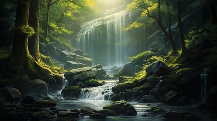 Sunlight filtering through dense trees, illuminating a cascading waterfall in a tranquil forest...