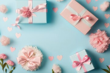 Mother's Day gift concept. Top view flat lay photo of beautiful present boxes with pink ribbons, carnation flowers, and pink paper hearts on pastel blue background with space for, Generative AI 