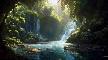 Sunlight filtering through the foliage, illuminating a hidden waterfall as it gracefully flows into a serene pool below.