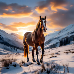 horse in the mountains walking and eating grass, 