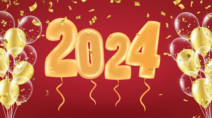 Happy chinese new year 2024 year of asian elements background. Golden Confetti Falling On red Background