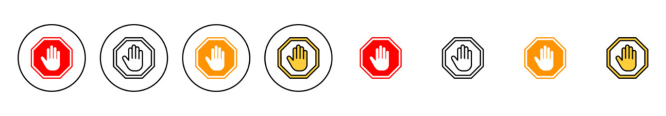 Stop icon set vector. stop road sign. hand stop sign and symbol. Do not enter stop red sign with hand
