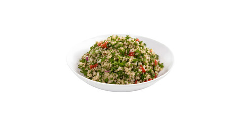 Tabbouleh salad, Levantine vegetarian salad with parsley, mint, bulgur, and tomato, healthy dish mixes tabbouleh and Greek style salads, side view with transparent background