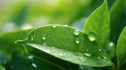 Closeup of a bundle of green leaves and a drop of water symbolizing unity in fighting climate change.