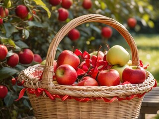 BASKET OF APPLES IN AN ORCHARD IN DAYLIGHT