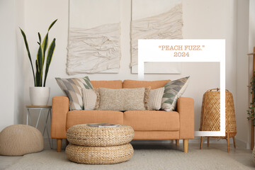 Stylish domestic interior with peach fuzz sofa near light wall - obrazy, fototapety, plakaty