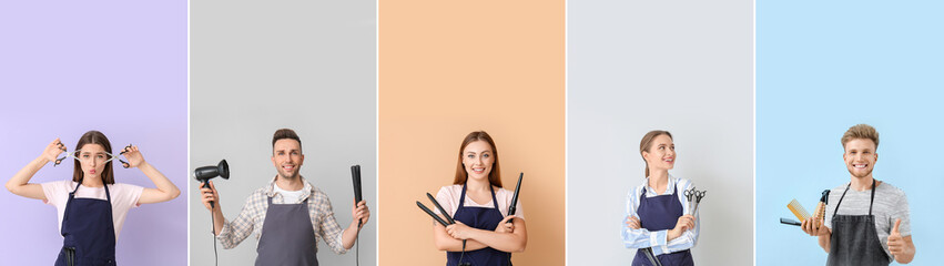 Group of young hairdressers on color background