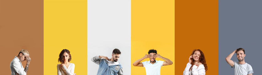 Set of stylish young people with trendy hairstyle on color background