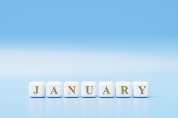 3D illustration of a row of white  cubes with the inscription January. Set of squares on a monochrome background, pattern. Geometric background