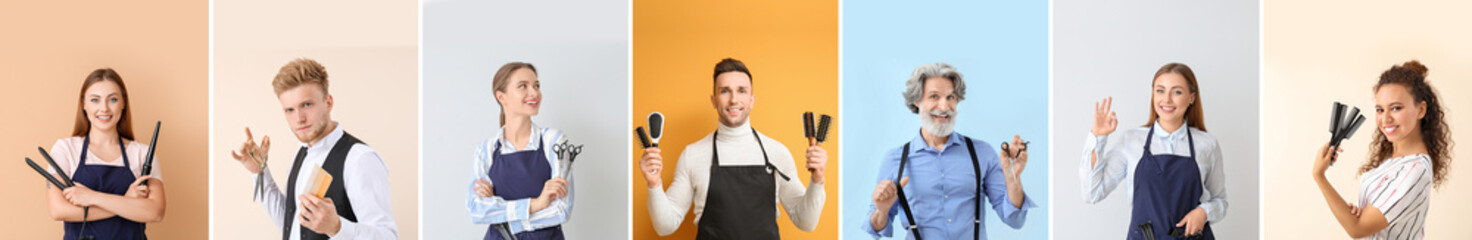 Group of hairdressers on color background