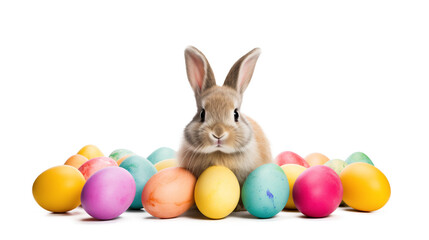 Fototapeta na wymiar Cute Easter Bunny with painted colorful eggs, isolated transparent background