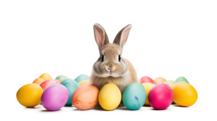 Cute Easter Bunny with painted colorful eggs, isolated transparent background