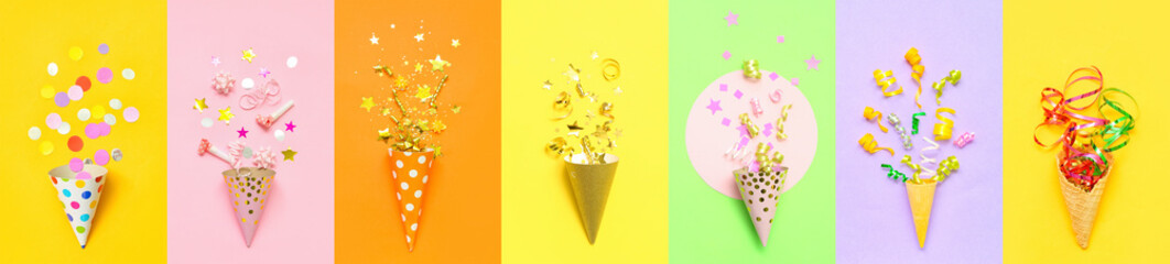 Collage of party hats with wafer cone, confetti and streamers on color background