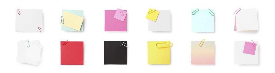 Collage of paper sheets with clips on white background
