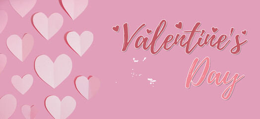 Fototapeta na wymiar Greeting banner for Valentine's Day with beautiful paper hearts on pink background