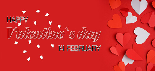Greeting banner for Valentine's Day with many paper hearts on red background