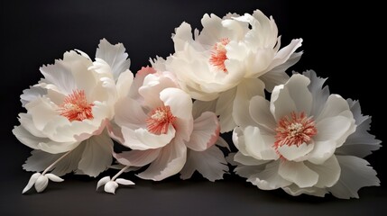Elegant peonies in shades of blush and cream, their velvety blooms set against a pearl-gray backdrop.