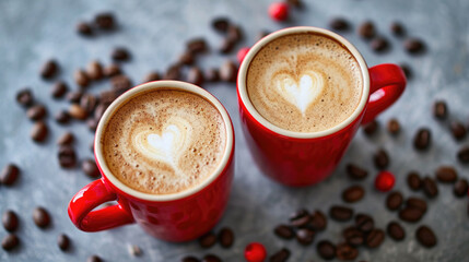 Two red mugs of coffee for a couple on valentine's day, heart shapes made out of cream on top