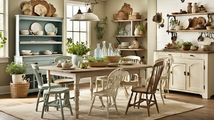 Display the vintage allure of farmhouse kitchen table by highlighting unique heirloom pieces or antique finds